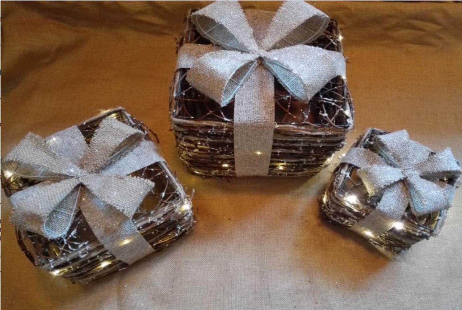 Set of 3 Lighted Rattan Gift Boxes with Bows Christmas Decorations