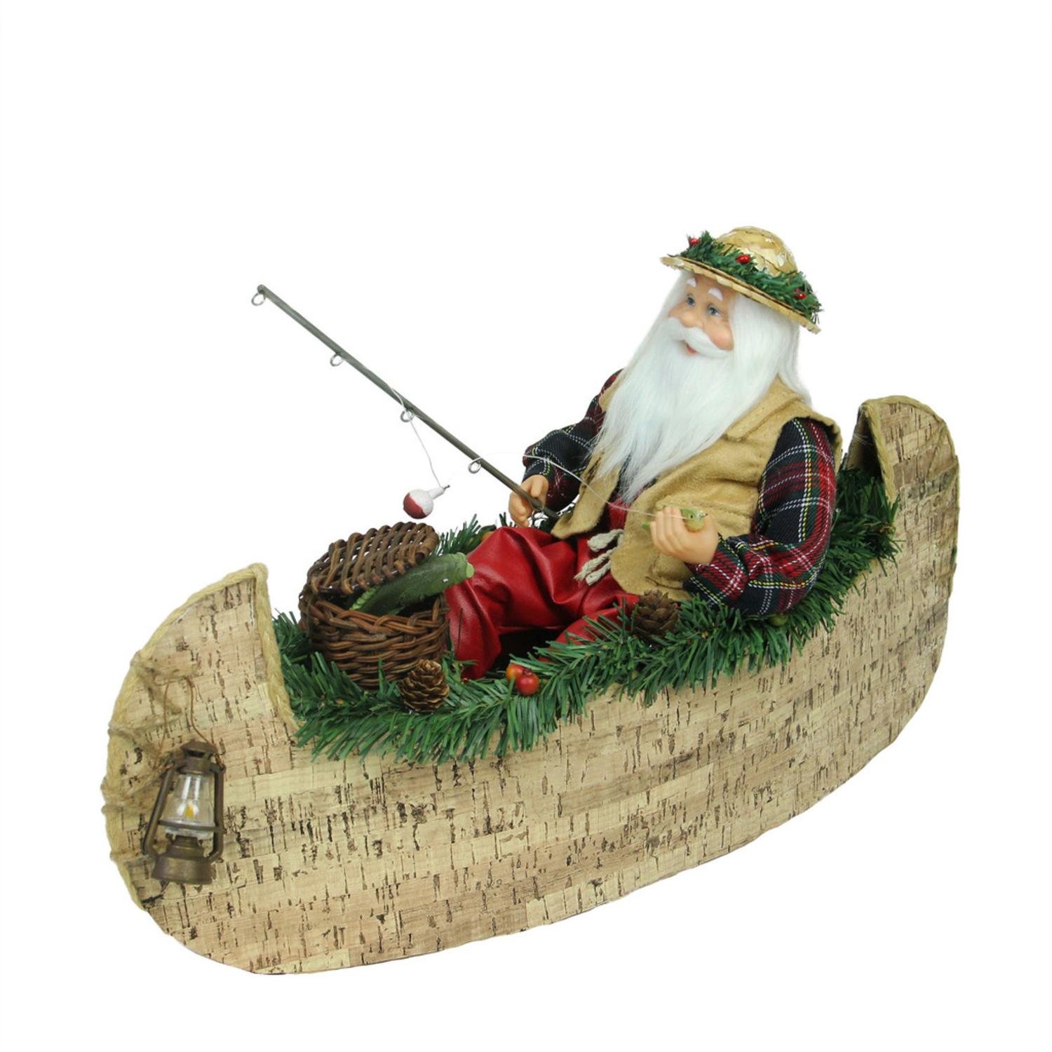 18.5" Rustic Lodge Fishing Santa Claus in a Canoe Christmas Tabletop