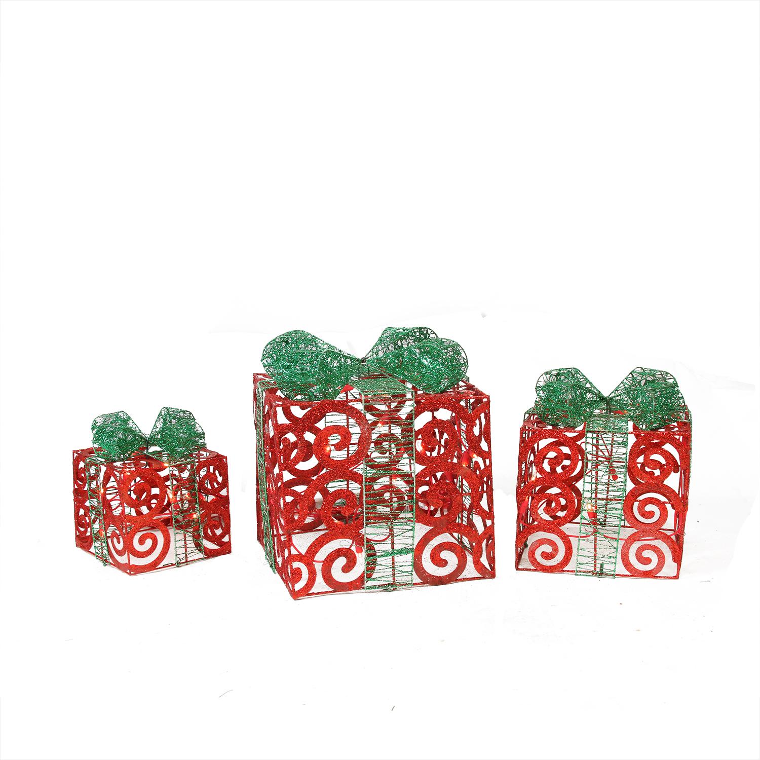 set of 3 lighted sparkling red swirl glitter gift boxes set of 3 lighted sparkling red swirl glitter gift boxes