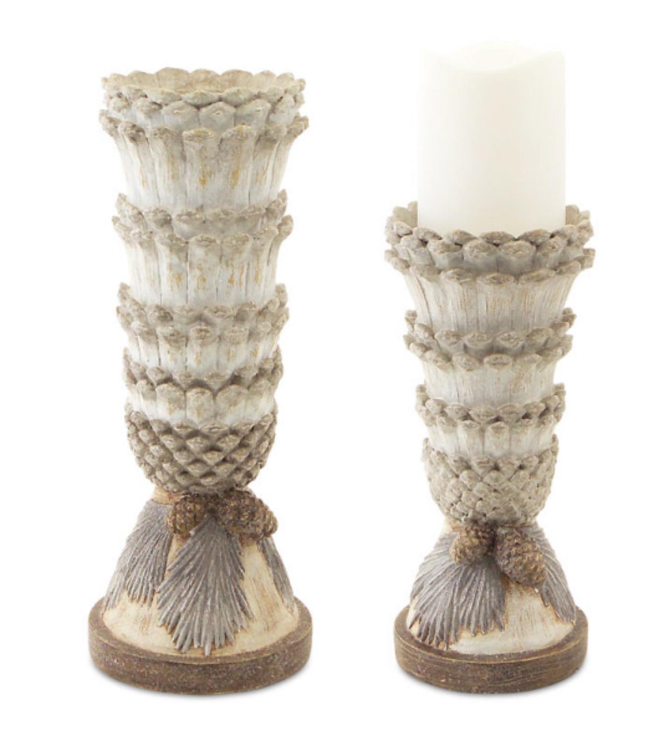 Melrose Set of 2 Elegant Pine Cone Christmas Candle Holder TableDecor