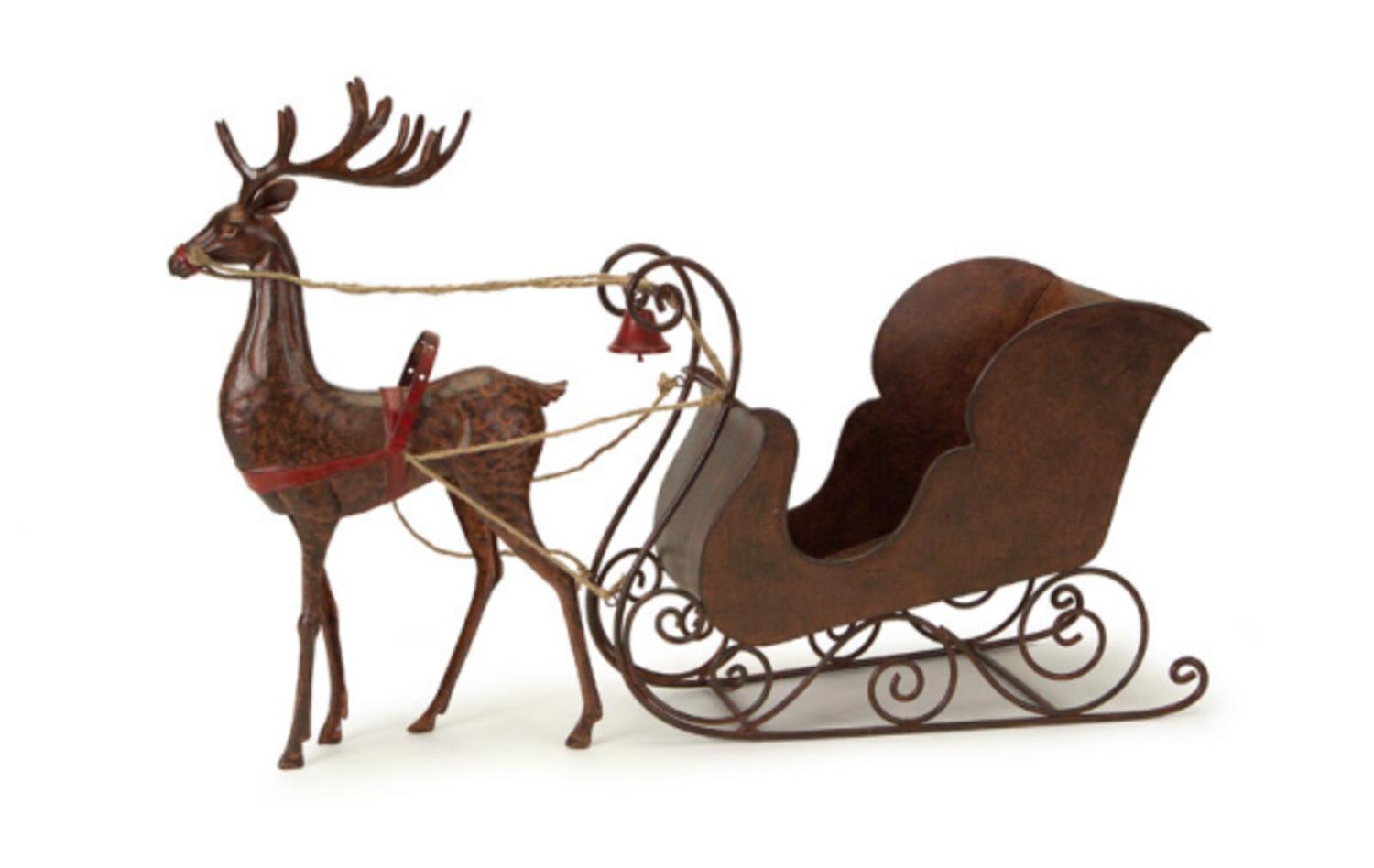 30.25" Red & Brown Rustic Hammered Metal Deer with Sleigh Table Top