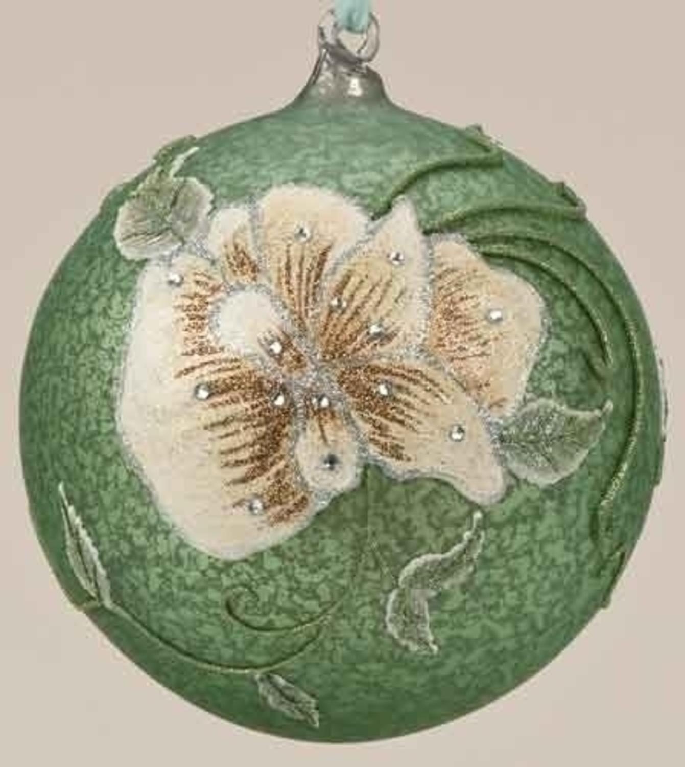 6.25" Speckled Green Glittered Flower Glass Ball Christmas Ornament