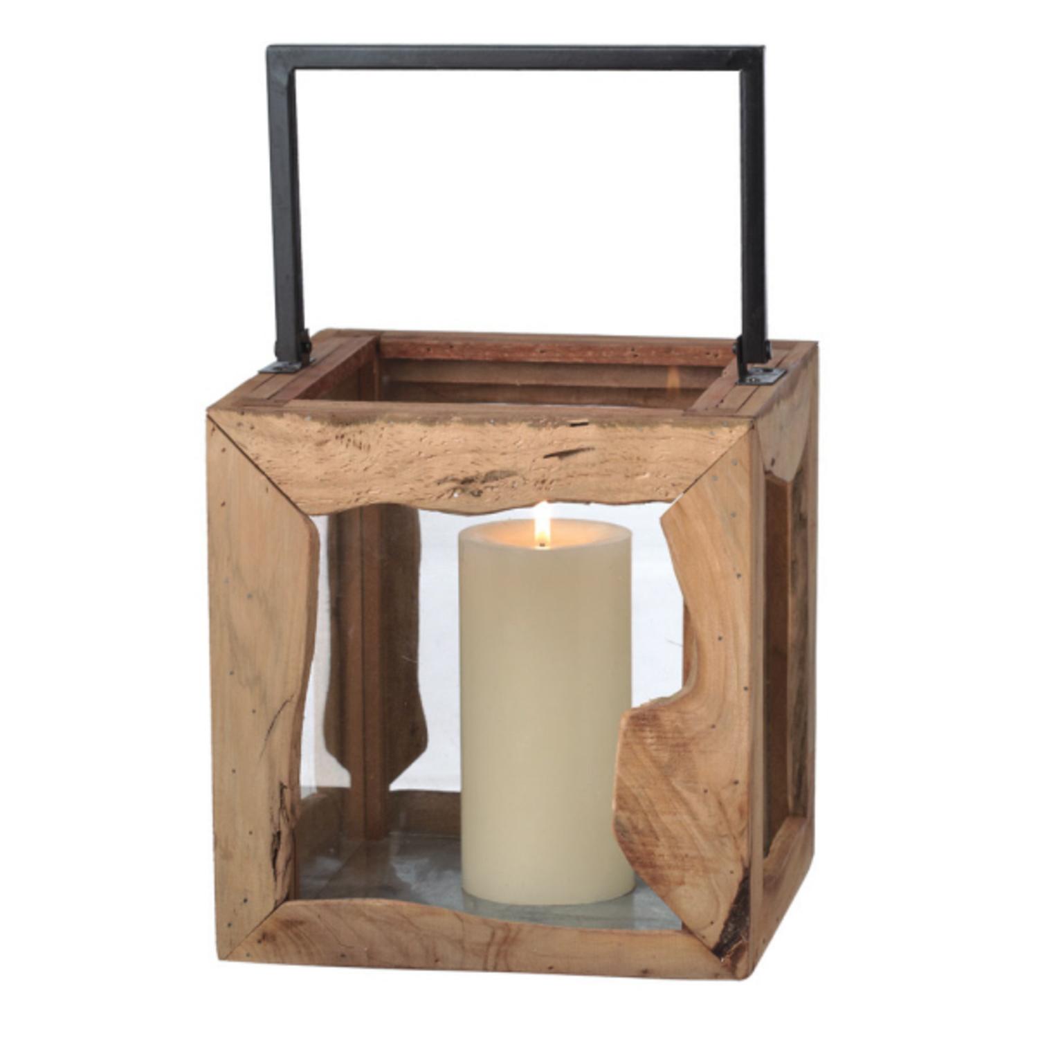 13.25" Large Organic ModernStyle Wooden Pillar Candle Lantern